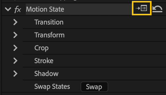 The Motion State effect in Effect Controls, with the Setup/options icon highlighted in the effect header